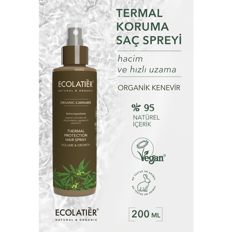 ECOLATIER Isı Koruyucu Saç Spreyi Hacim Veren Ve Hızlı Uzama, Saç Güçlendirici Organik Kenevir 200 ml