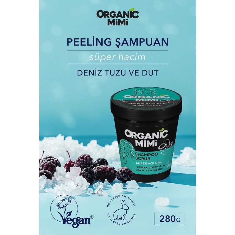 Organic Mimi Süper Hacim Deniz Tuzu ve Dut Peeling Şampuan Organik, Kepek Önleyici Saç Dökülmesine Karşı, 280 G