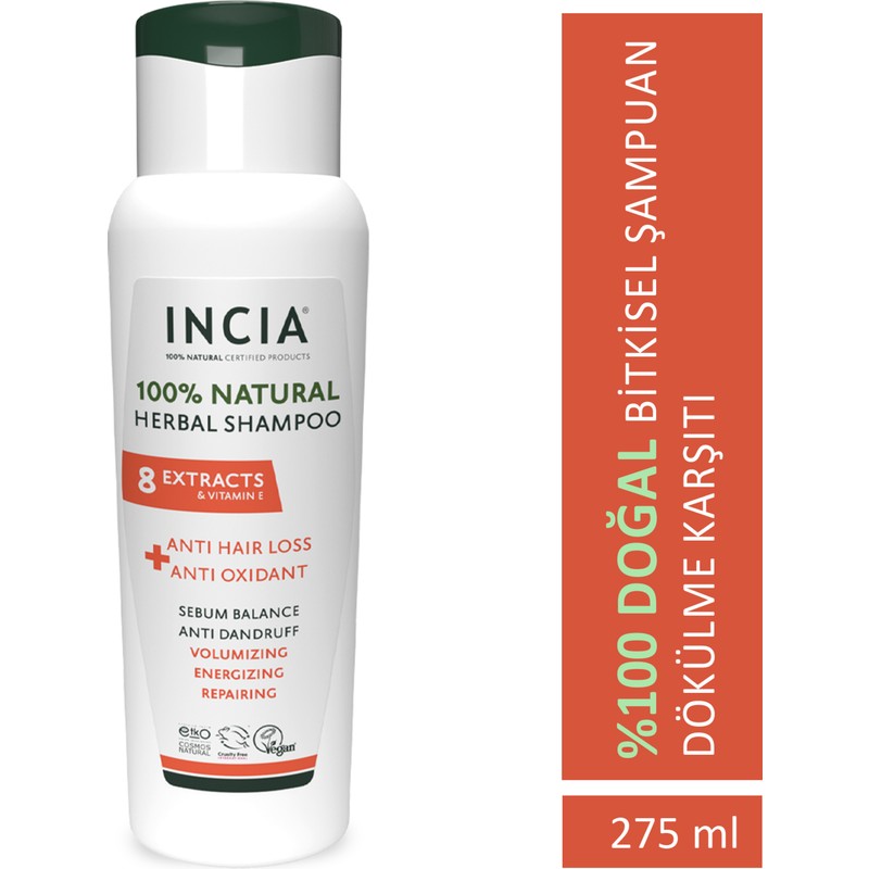 INCIA %100 Doğal Saç Dökülmesine Karşı Etkili Şampuan 8 Değerli Bitki Ekstresi Vegan 275 ml