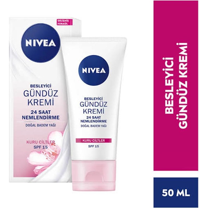 Nivea SPF15 Besleyici Gündüz Yüz Bakım Kremi 50ml, Kuru Ciltler, 24 Saat Nemlendirici, Badem Yağı