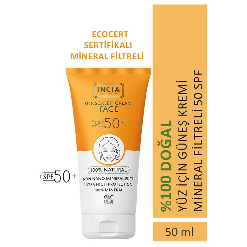 INCIA %100 Doğal Yüz Güneş Kremi Leke Karşıtı Mineral Filtreli Yüksek Koruma SPF50 UVA UVB 50 ml