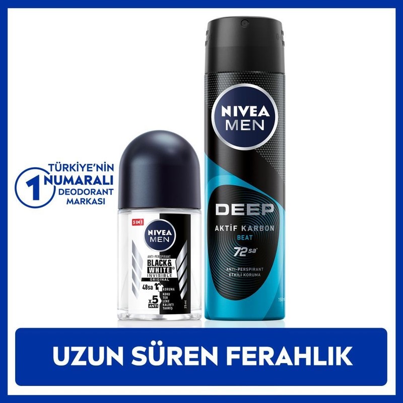 Nivea Men Erkek Sprey Deodorant Deep Aktif Karbon 150ML ve Black&white Original Mini Roll-On 25ML