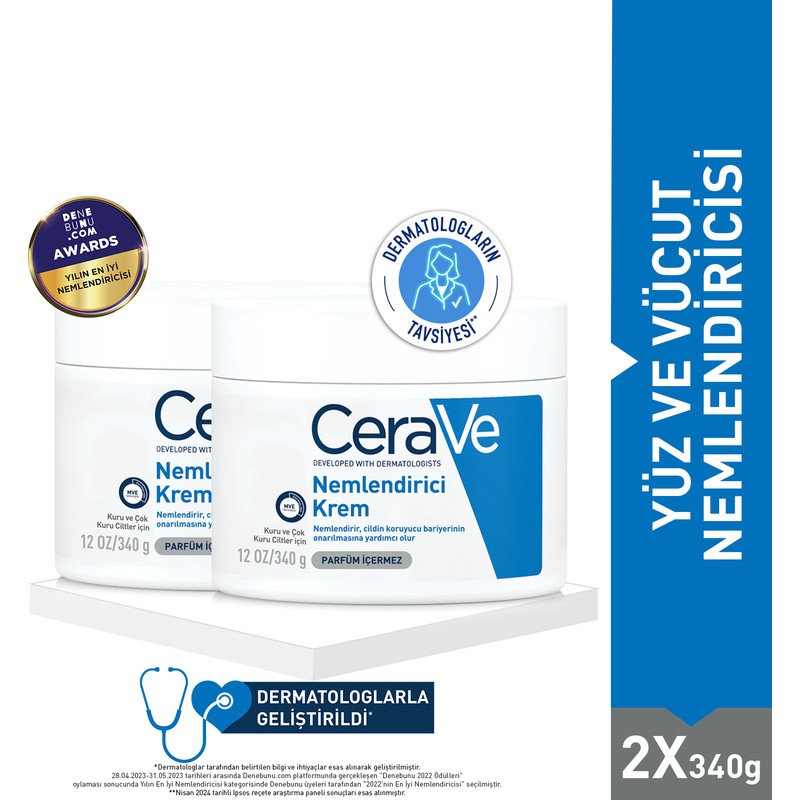 CeraVe 2x340g Yüz ve Vücut Nemlendirici Krem Kuru Ciltler İçin 3 Temel Seramid ve Hyalüronik Asit