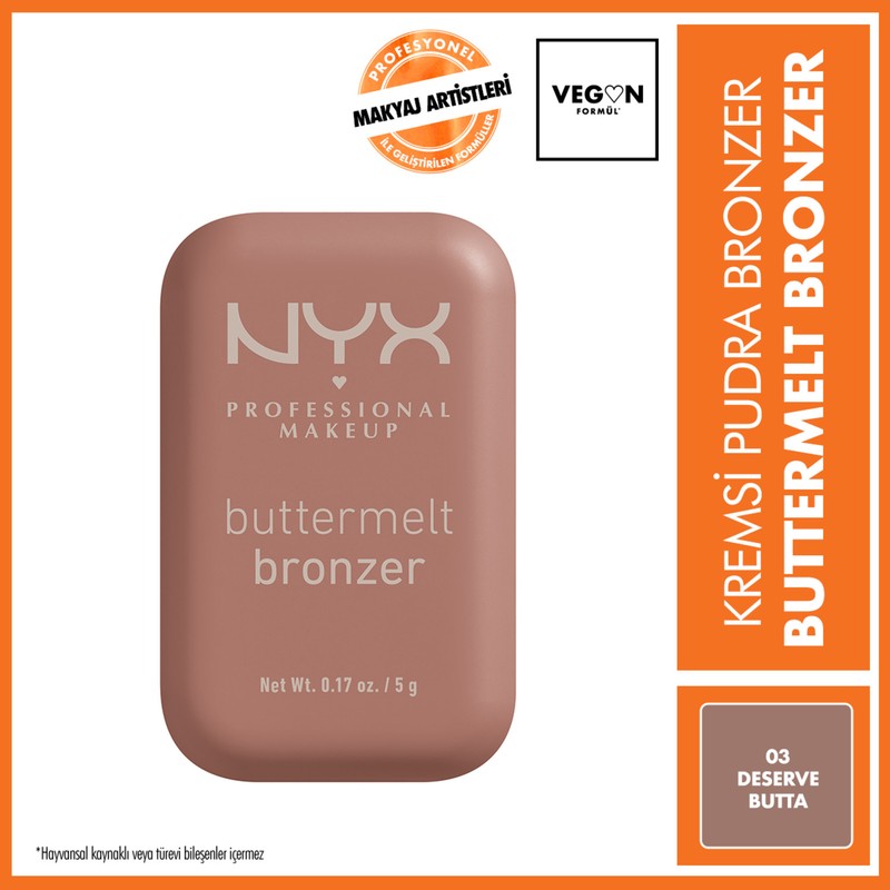 NYX Professional Makeup Buttermelt Kremsi Pudra Bronzer 5 g – 12 Saat Kalıcı, Sıcak Bronz Ton, Doğal Bitiriş, SPF’siz, Tüm Cilt Tiplerine Uygun