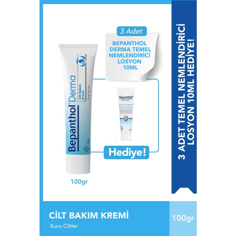 Bepanthol Cilt Bakım Kremi 100gr & 3 Adet 10ml Temel Nemlendirici Losyon Hediye