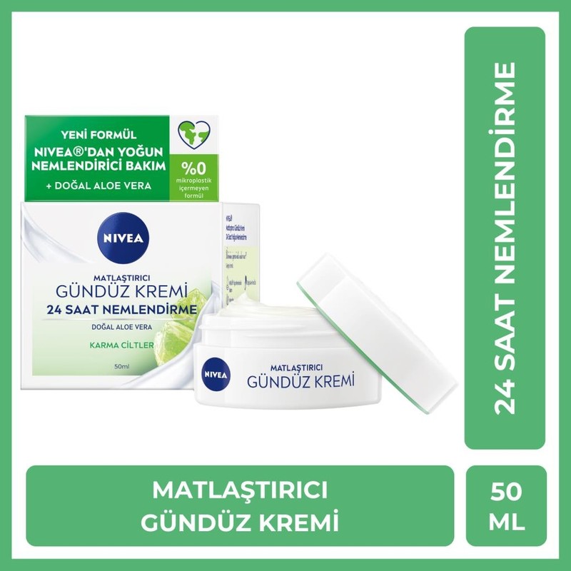 Nivea Matlaştırıcı Gündüz Yüz Bakım Kremi 50ML, 24 Saat Yoğun Nemlendirici, Karma Ciltler, Aloe Vera