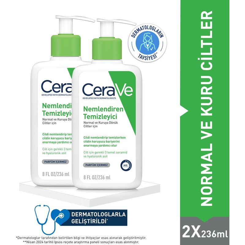 CeraVe Nemlendiren Temizleyici Seramid & Hyalüronik Asit Içerikli Kuru & Normal Ciltler Yüz Vücut 236 ml X2 Adet