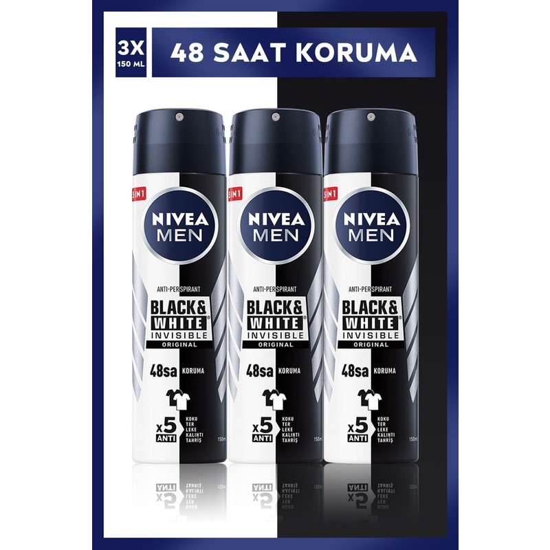 Nivea Men Black&White Invisible 150 ml x 3 Erkek Sprey Deodorant 48 Saat Koku Koruma