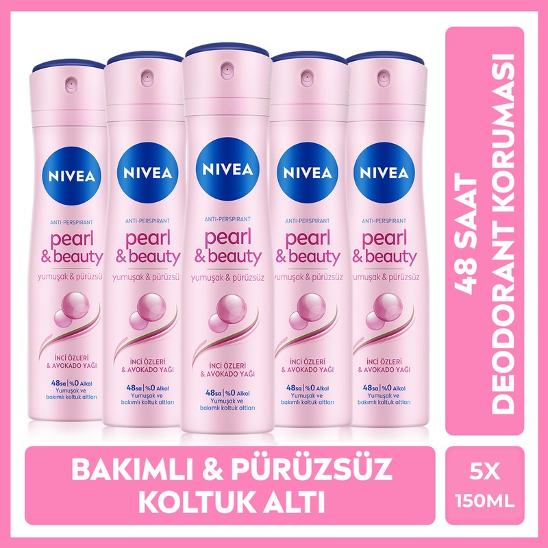 Nivea Kadın Sprey Deodorant Pearl&Beauty 150ml, Ter ve Ter Kokusuna Karşı 48 Saat Etkili Koruma, X5 Adet