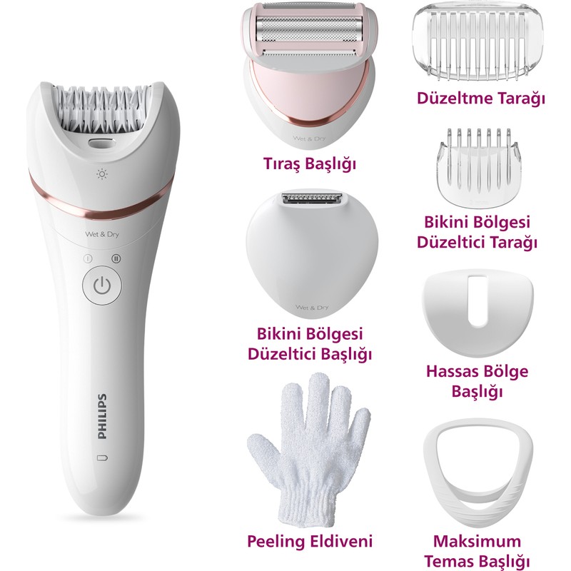 Philips BRE720/05 Epilatör (Yüz+Koltuk alti+Bikini Bölgesi+Bacak)Islak-Kuru,Işıklı,Kablosuz