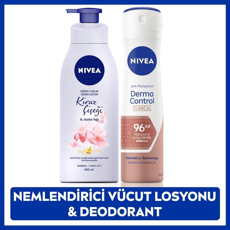 Nivea Kadın Sprey Deodorant Derma Control Clinical 150ML, Kiraz Çiçeği Nemlendirici Vücut Losyonu 400ML