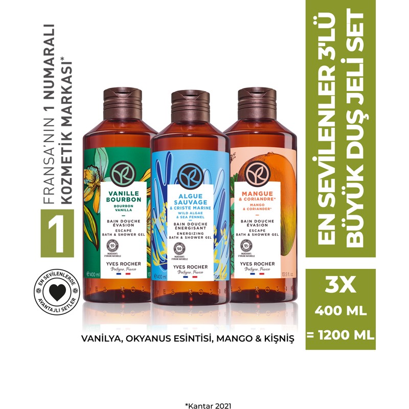 Yves Rocher En Sevilenler 3'lü Büyük Duş Jeli SETI-9916821 Seti 1200 ml Vanilya Okyanus Esintisi Mango Etkili