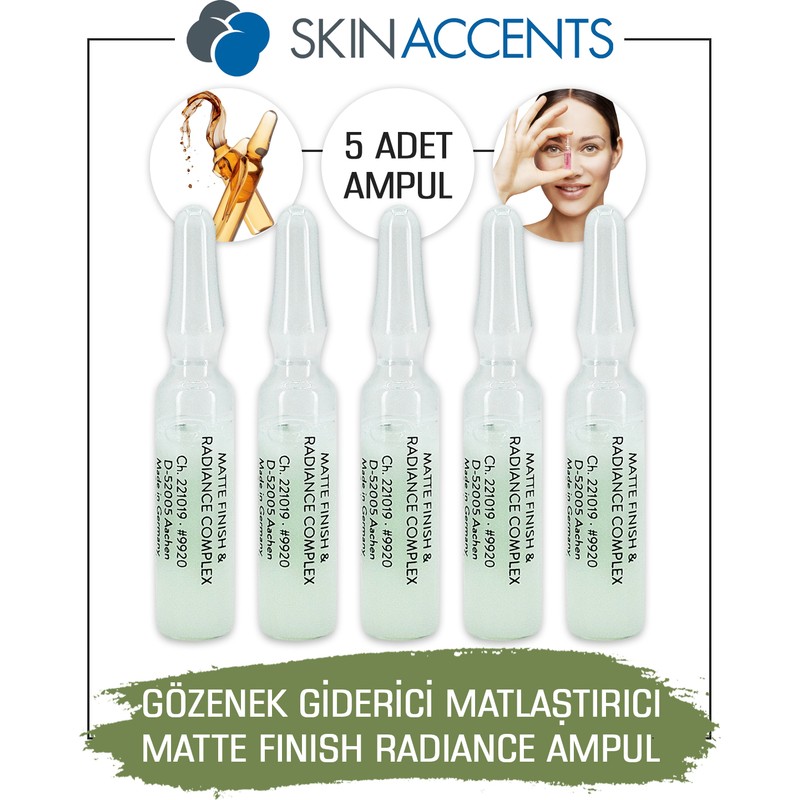 Skin Accents Gözenek Giderici Matlaştırıcı Ampul 5 Adet Matte Finish & Radiance Cilt Serumu Dermaroller Dermapen Serum