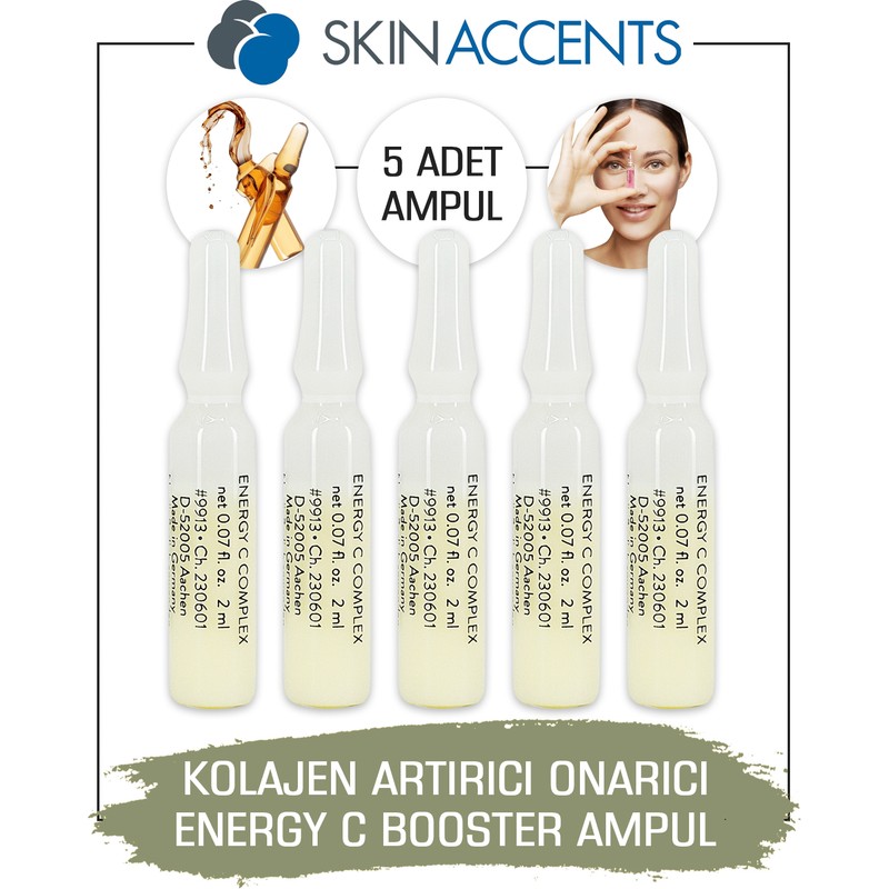 Skin Accents Kolajen Artırıcı Onarıcı Ampul 5 Adet Energy C Booster Cilt Serumu Dermaroller Dermapen Serum