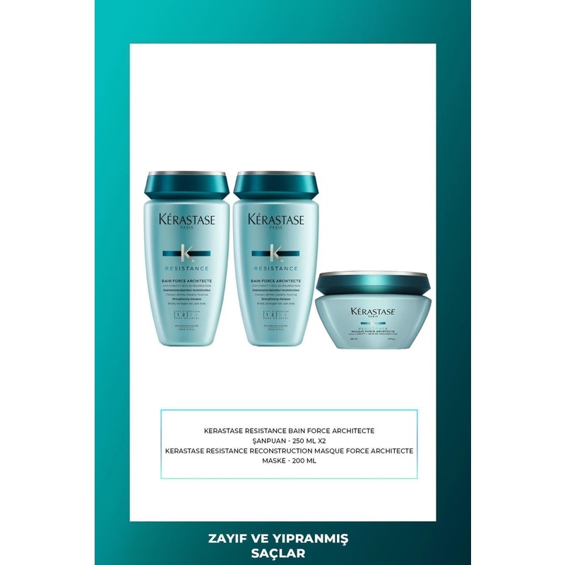 Kerastase Kérastase Bain Force Architecte (1-2) 250 Ml X 2 + Resistance Extentioniste Maske 200 Ml