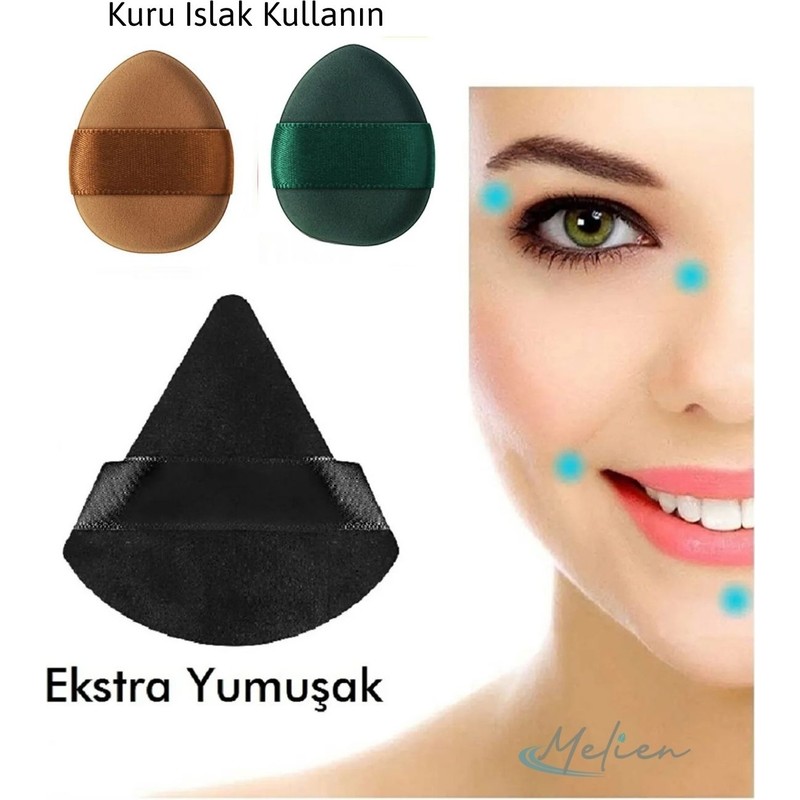 Melien Kuru Islak Süngeri Seti - 2 Adet Mini ve 1 Adet Üçgen Kozmetik Puf Parmak Yüz Makyaj Göz Altı Kapatıcı