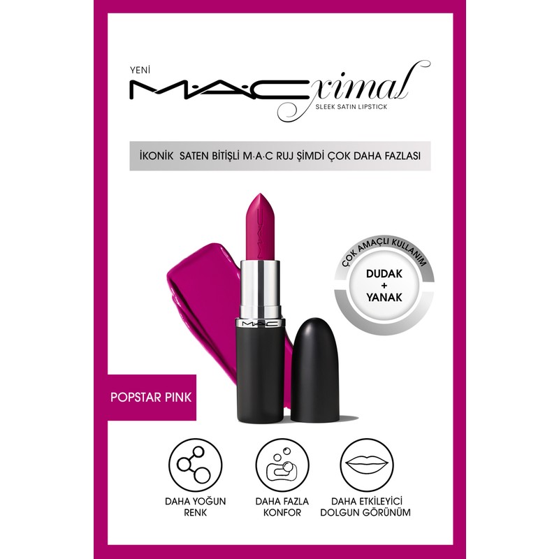 Mac ximal Sleek Satin Lipstick İkonik Saten Bitişli Ruj-POPSTAR PINK 3.5GM