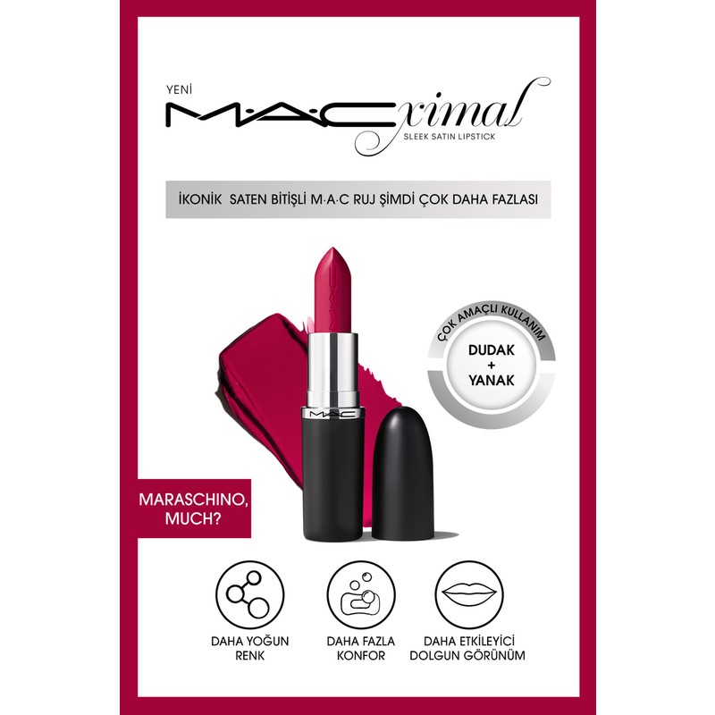 Mac ximal Sleek Satin Lipstick İkonik Saten Bitişli Ruj-MARASCHINO, MUCH? 3.5GM