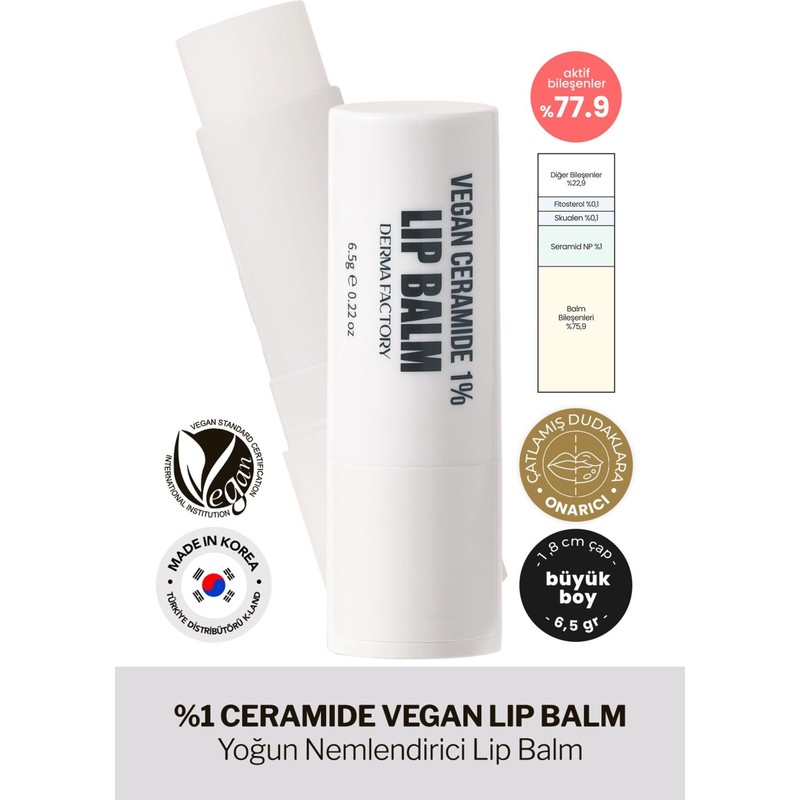 Derma Factory %1 Seramid İçeren Büyük Boy Yoğun Nemlendirici Dudak Balmı Vegan