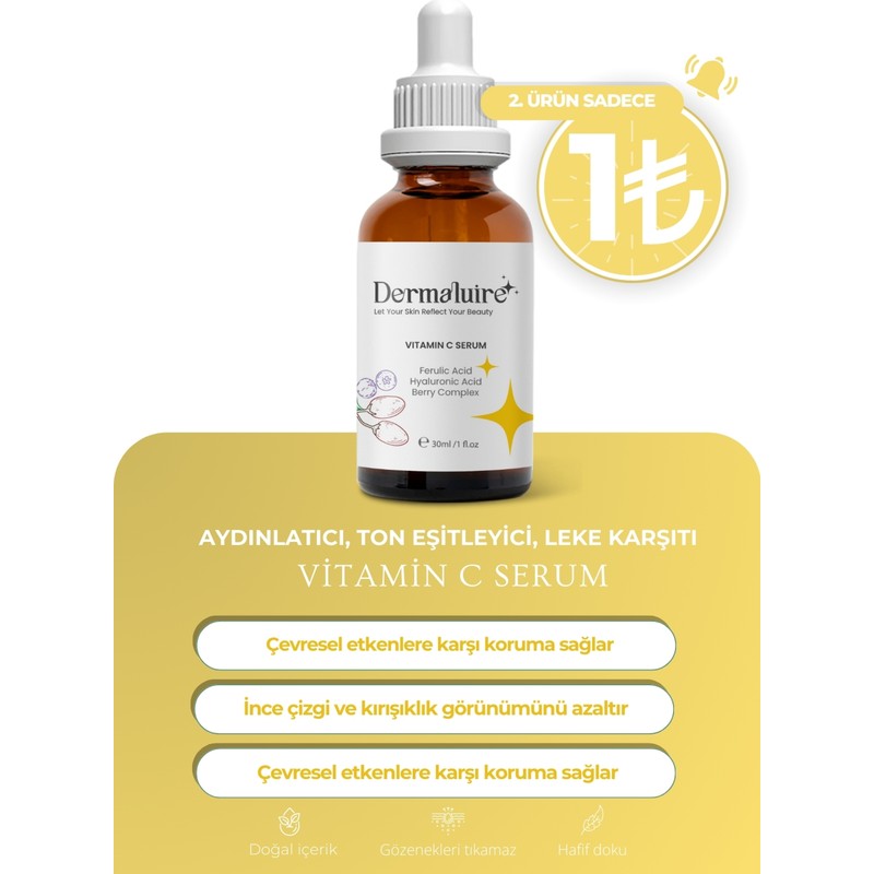 Dermaluire Aydınlatıcı Vitamin C Serum 30 ml Ferulik Asit ve Hyaluronik Asit İçeren Yaşlanma Karşıtı
