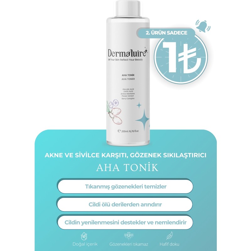 Dermaluire Akne Ve Sivilce Karşıtı, Gözenek Sıkılaştırıcı Aha Tonik 200ml ( Glikolik Asit, Laktik Asit)