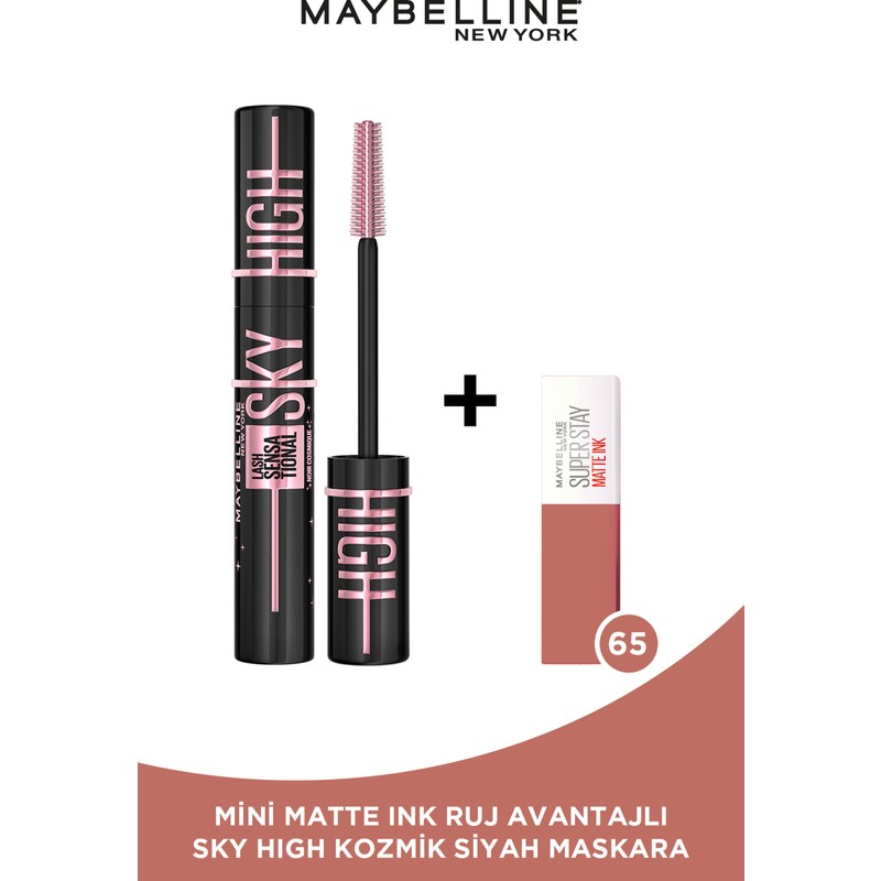 Maybelline New York Lash Sensational Sky High Cosmic Black Maskara + Mini Matte Ink Likit Mat Ruj - 65 Seductress