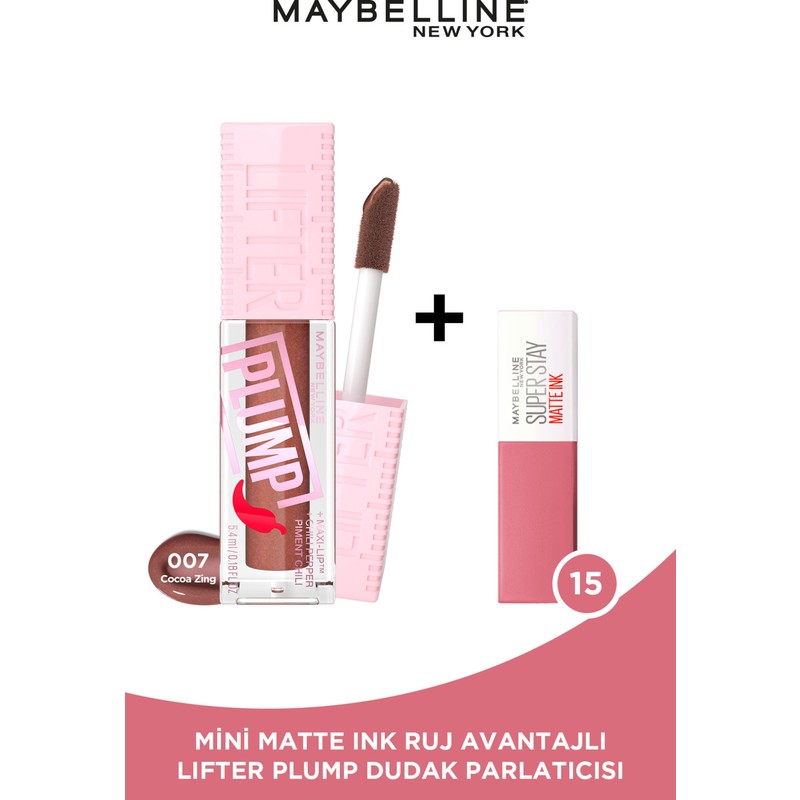 Maybelline New York Lifter Plump Dudak Parlatıcısı- 007 Cocoa Zing + Mini Matte Ink Likit Mat Ruj - 15 Lover