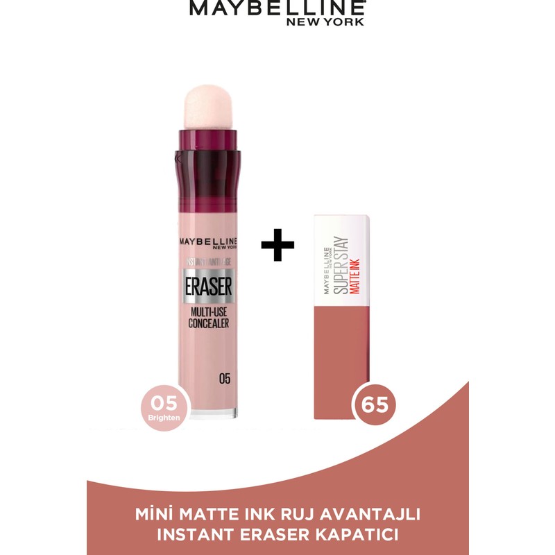 Maybelline New York Instant Anti Age Eraser Kapatıcı- 05 Brighten + Mini Matte Ink Likit Mat Ruj - 65 Seductress