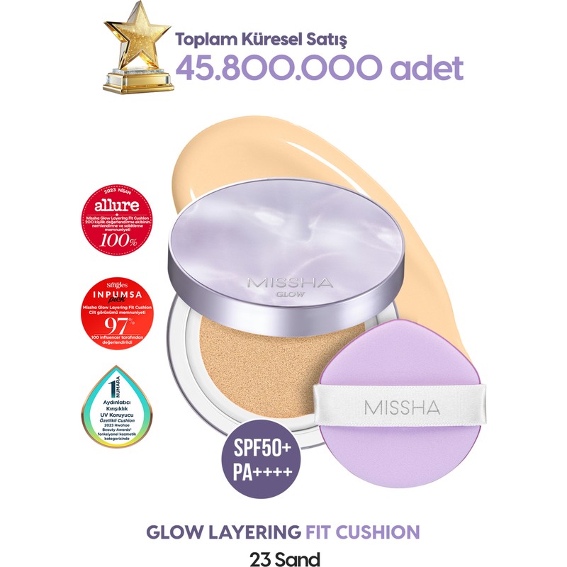 MISSHA Yoğun Kapatıcı, Nemli ve Parlak Bitişli Cushion Glow Layering Fit Cushion SPF50+/PA++++ No.23 Sand
