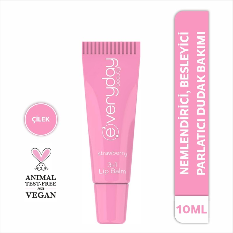 Everyday Beauty Çilek 3 Etkili Dudak Bakım Lip Balmı Nemlendirici Besleyici Parlak Görünüm 10 ml