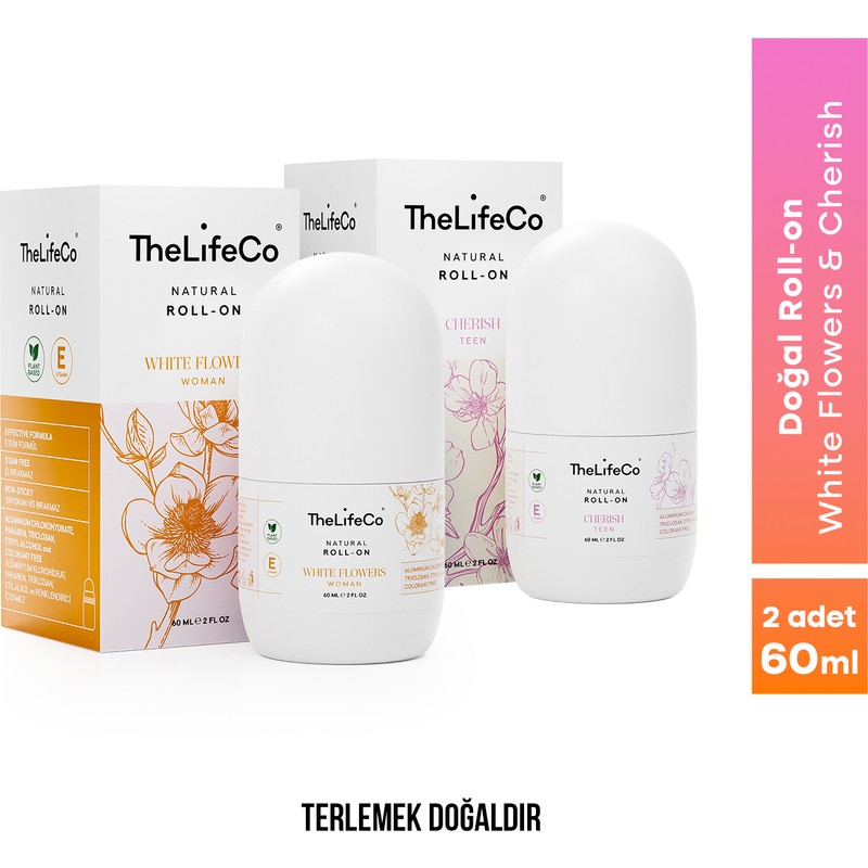 TheLifeCo %100 Doğal Roll-On Deodorant White Flowers 60 ml + Doğal Roll-On Deodorant Cherish 60 ml