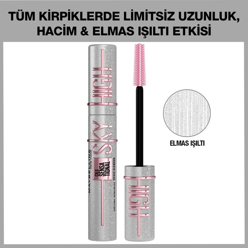 Maybelline New York Lash Sensational Sky High Space Diamond Hacim Maskarası 10 ml – Elmas Işıltılı, Hassas Gözler İçin