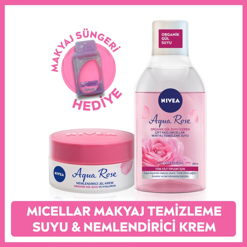 Nivea Aqua Rose Micellar Çift Fazlı Makyaj Temizleme Suyu 400ml ve Nemlendirici Krem 50ml, Sünger Hediyeli