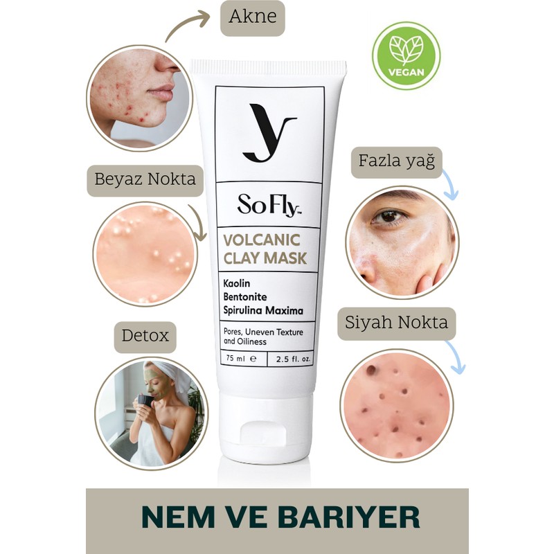 So Fly SoFly Volkanik Kil Yüz Maskesi 75 ml – Kaolin, Bentonit ve Spirulina ile Siyah Nokta ve Akne Karşıtı Vegan Detox Etkili