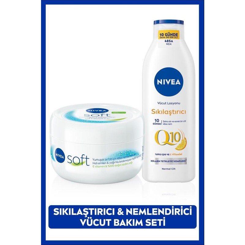 Nivea Q10 C Vitamini Vücut Losyonu 250 ml + Soft Nemlendirici Krem 300 ml – Sıkılaştırıcı ve Esneklik Kazandıran İkili Bakım Seti