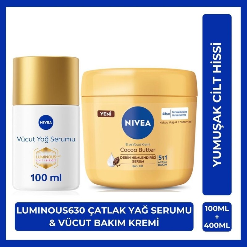 Nivea Luminous630 Çatlak Karşıtı Vücut Yağ Serumu 100ml ve Cocoa Butter Nemlendirici Krem 400ml, Kuru Cilt
