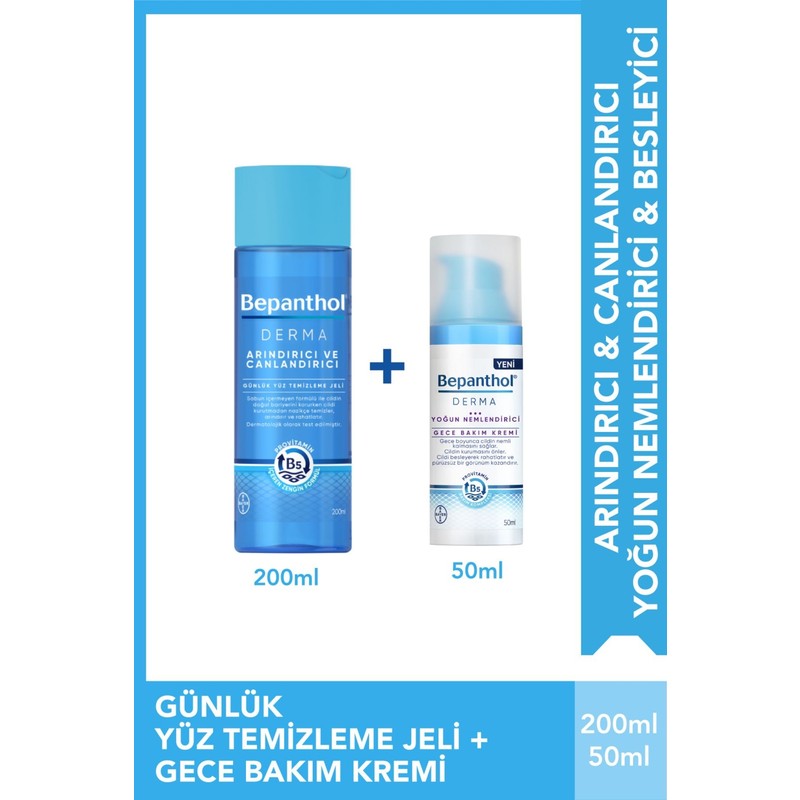 Bepanthol Derma 50 ml Yoğun Nemlendirici Gece Kremi ve Arındırıcı Yüz Temizleme Jeli Seti