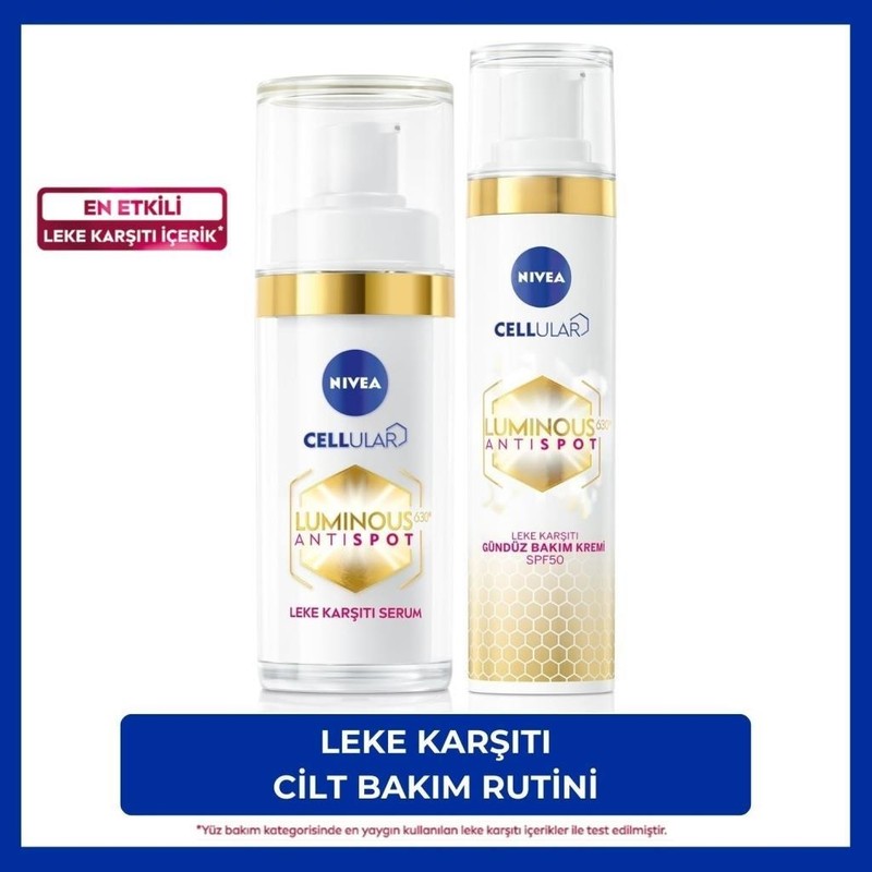Nivea Luminous630 Gündüz Yüz Kremi 40 ml ve Aydınlatıcı Cilt Bakım Serumu 30 ml SPF50 ile Leke Karşıtı Etki