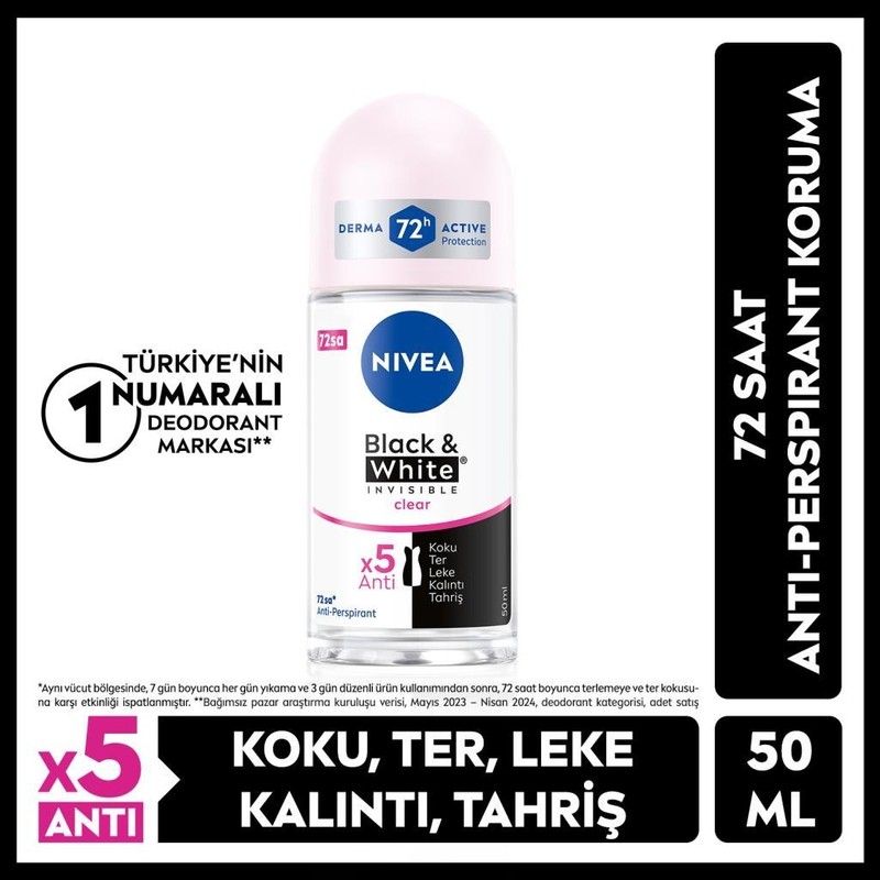 Nivea Kadın Roll-on Deodorant Black& White Invisible Clear 50ml, Ter ve Ter Kokusuna Karşı 48 Saat Anti-perspirant Deodorant Koruması