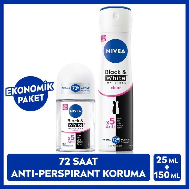 Nivea Kadın Sprey Deodorant Black&White Clear 150ml ve Mini Roll-on Black&White Clear
