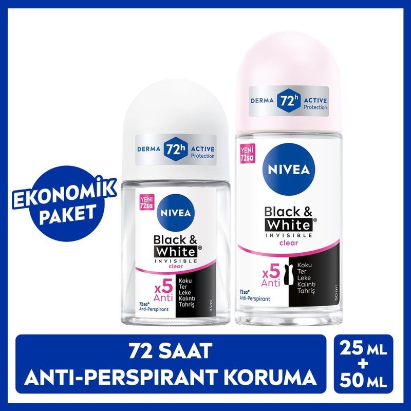 Nivea Kadın Roll-On Deodorant Black & White Clear 50 ml ve Mini Roll-On Black & White Clear 25 ml