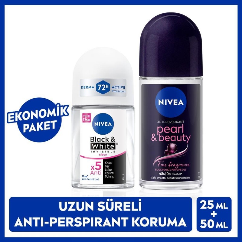 Nivea Kadın Roll-On Deodorant Pearl&beauty 50ML ve Mini Roll-On Black&white 25ML, Bakımlı Koltuk Altı