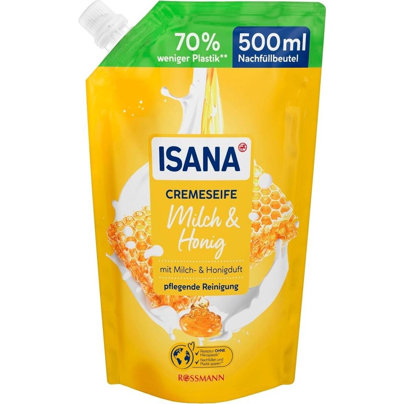 Isana 500 ml Ballı ve Sütlü Yedek Sıvı Sabun, Cilde Nazik Temizlik ve Yumuşaklık Sağlar