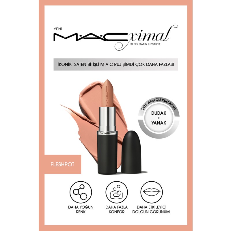 Mac MACximal Sleek Satin Lipstick İkonik Saten Bitişli Ruj-FLESHPOT 3.5GM