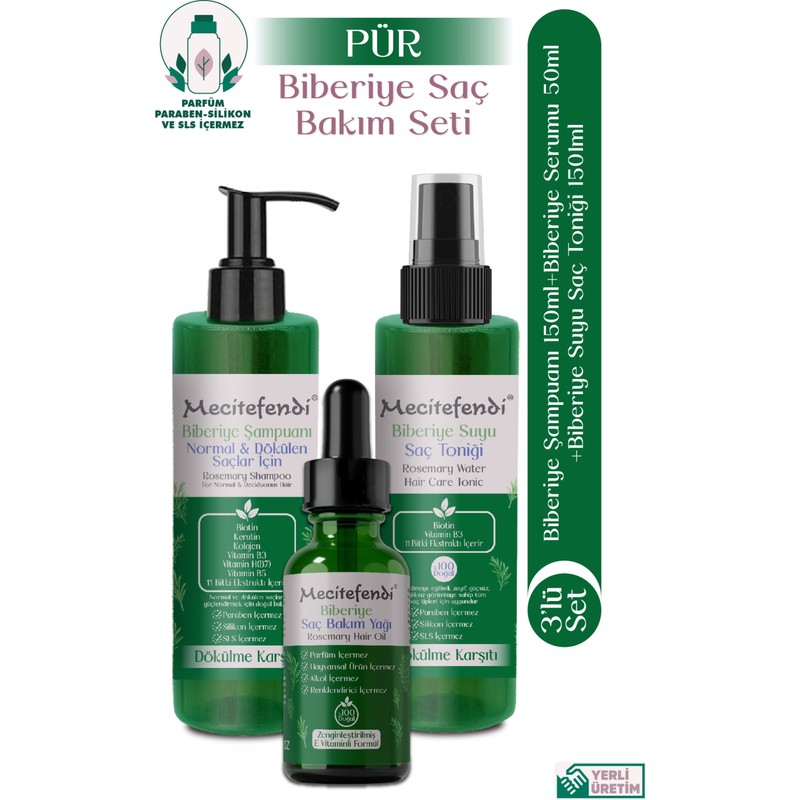 Mecitefendi Biberiye Saç Bakım Seti Pür - Biberiye Şampuan 150 ml + Biberiye Suyu Saç Toniği 150 ml (11 Bitki Ekstraktlı ) + Biberiye Serumu 50 ml