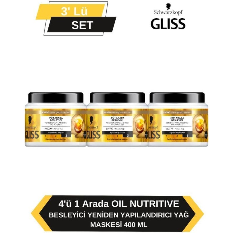 Gliss 4'ü 1 Arada Besleyici Yeniden Yapılandırıcı Saç Bakım Maskesi 400 ml x3 Ultimate Oil Set
