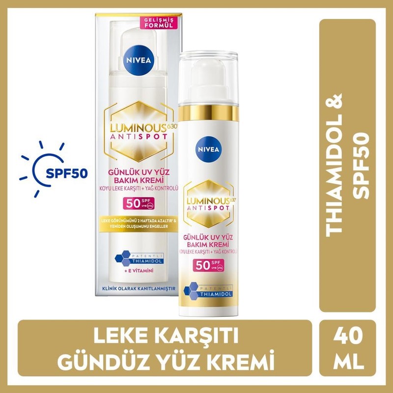 Nivea Luminous630 Thiamidol Etkili Leke Karşıtı Gündüz Yüz Kremi 40ml, SPF50 UV Koruma, Hyaluronik Asit