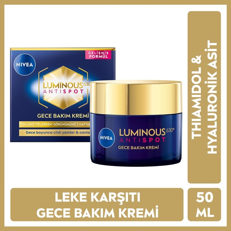 Nivea Luminous630 Thiamidol Etkili Leke Karşıtı Gece Yüz Bakım Kremi 50ml, Hyaluronik Asit, Nemlendirici