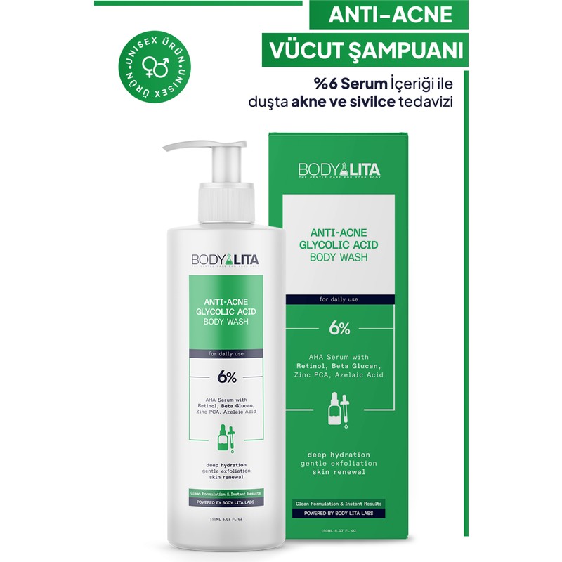 Bodylita %6 Serum İçerikli Anti-Acne Vücut Şampuanı Duş Jeli Akne Karşıtı Etki ile Ferahlatıcı