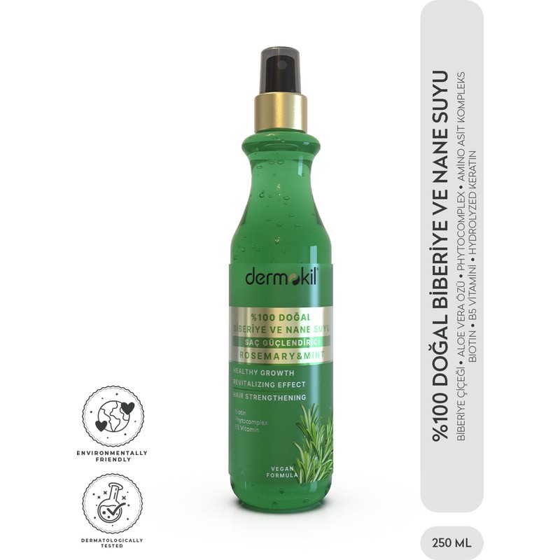 Dermokil %100 Doğal Biberiye ve Nane Suyu 250 ml Besleyici Durulanmayan Saç Bakım Ürünü